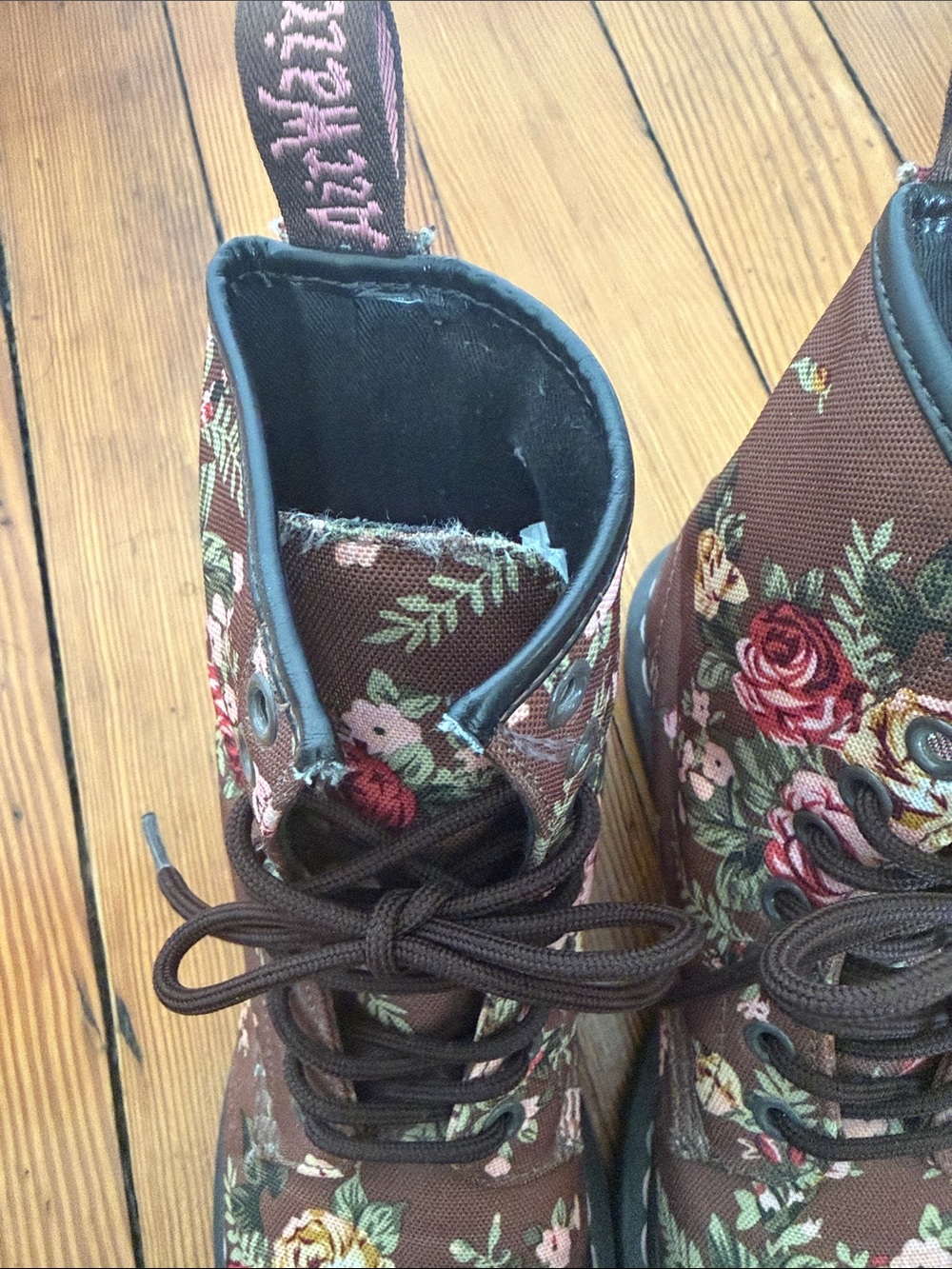 Dr. Martens Brown Floral Lace-Up Ankle Boots with Pink and Cream Flowers - Picture 7 of 8